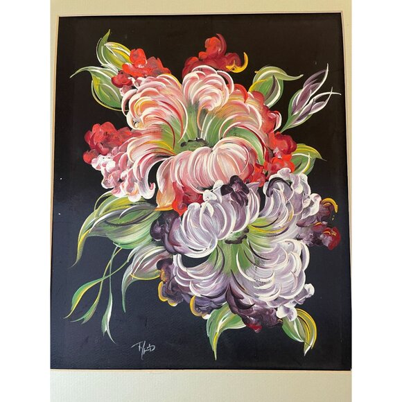 Floral Acrylic Painting On Silk With Beige Matting 14" X 18" Signed By Artist Vi - Picture 10 of 11